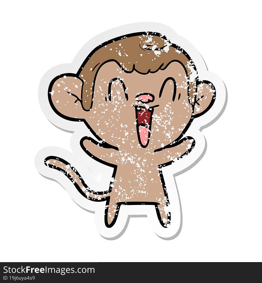 distressed sticker of a cartoon laughing monkey