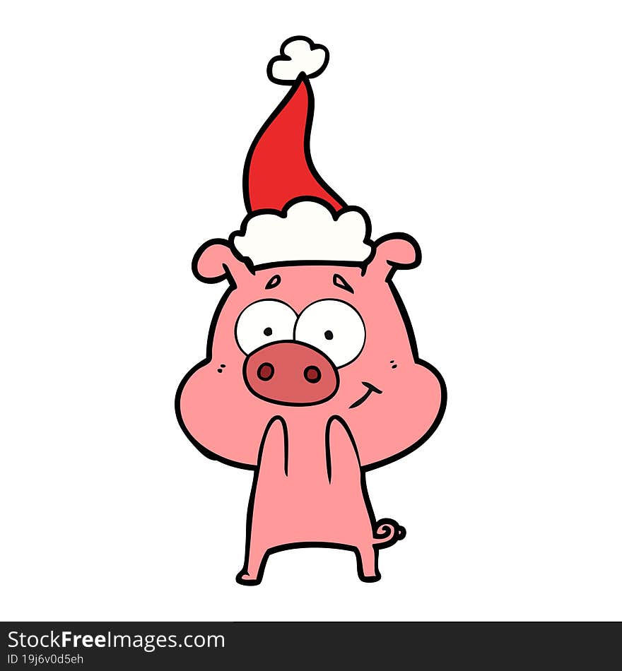 Happy Line Drawing Of A Pig Wearing Santa Hat