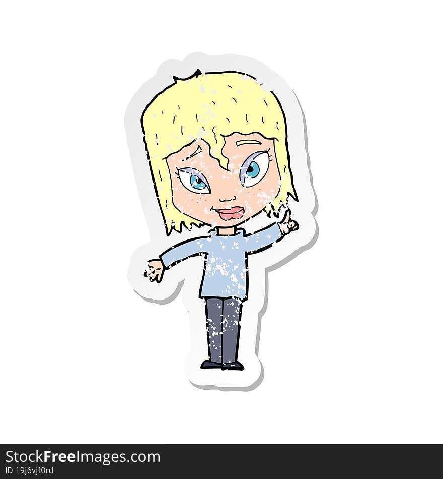 retro distressed sticker of a cartoon woman with idea