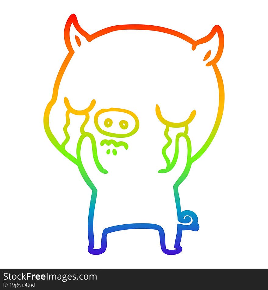 rainbow gradient line drawing of a cartoon pig crying