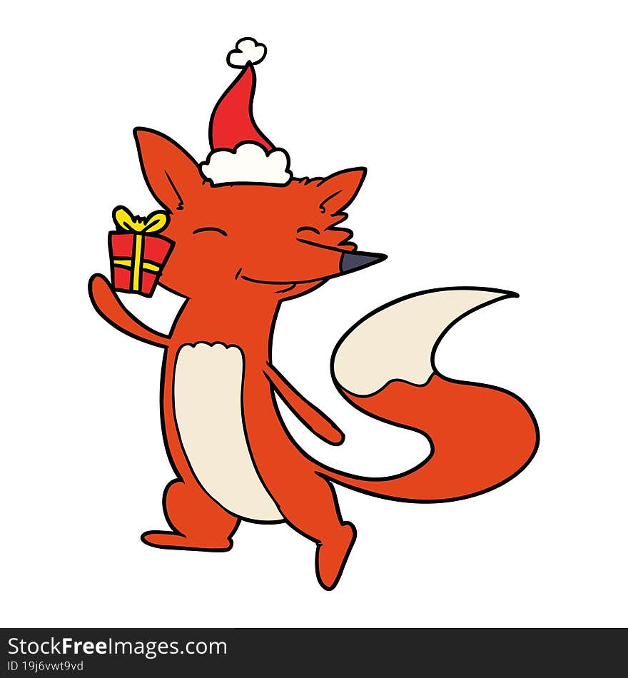 line drawing of a happy fox wearing santa hat