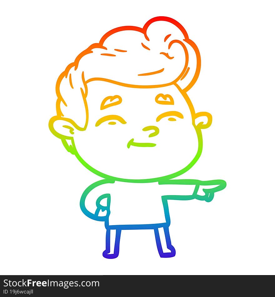 rainbow gradient line drawing of a happy cartoon man pointing