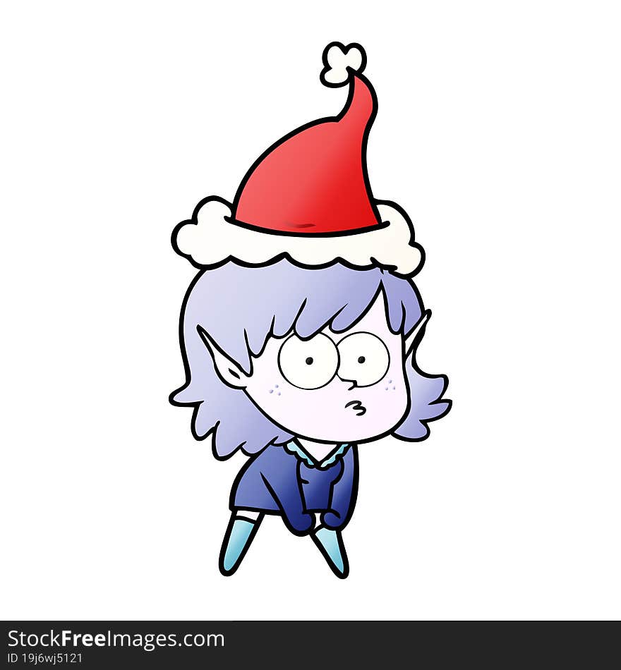 gradient cartoon of a elf girl staring and crouching wearing santa hat