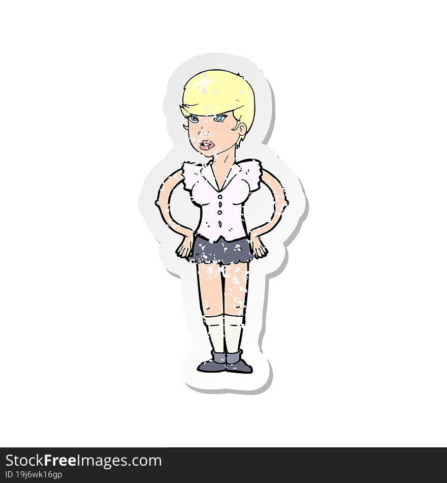 retro distressed sticker of a cartoon woman with hands on hips