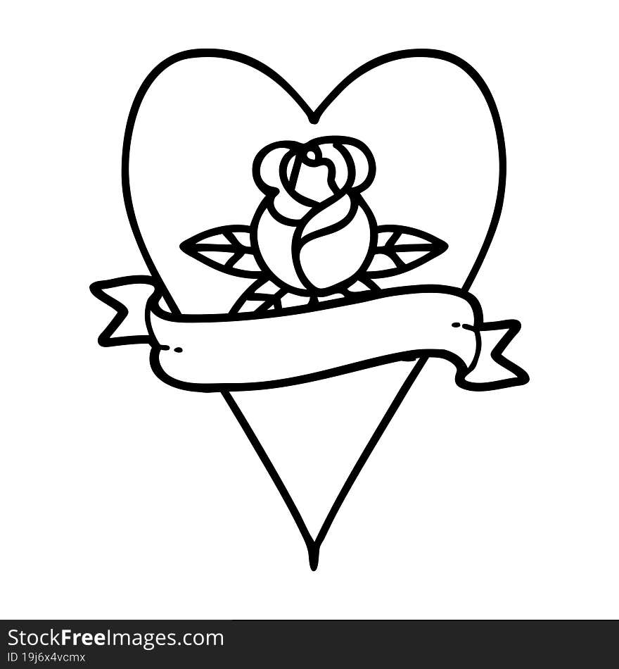 tattoo in black line style of a heart rose and banner. tattoo in black line style of a heart rose and banner