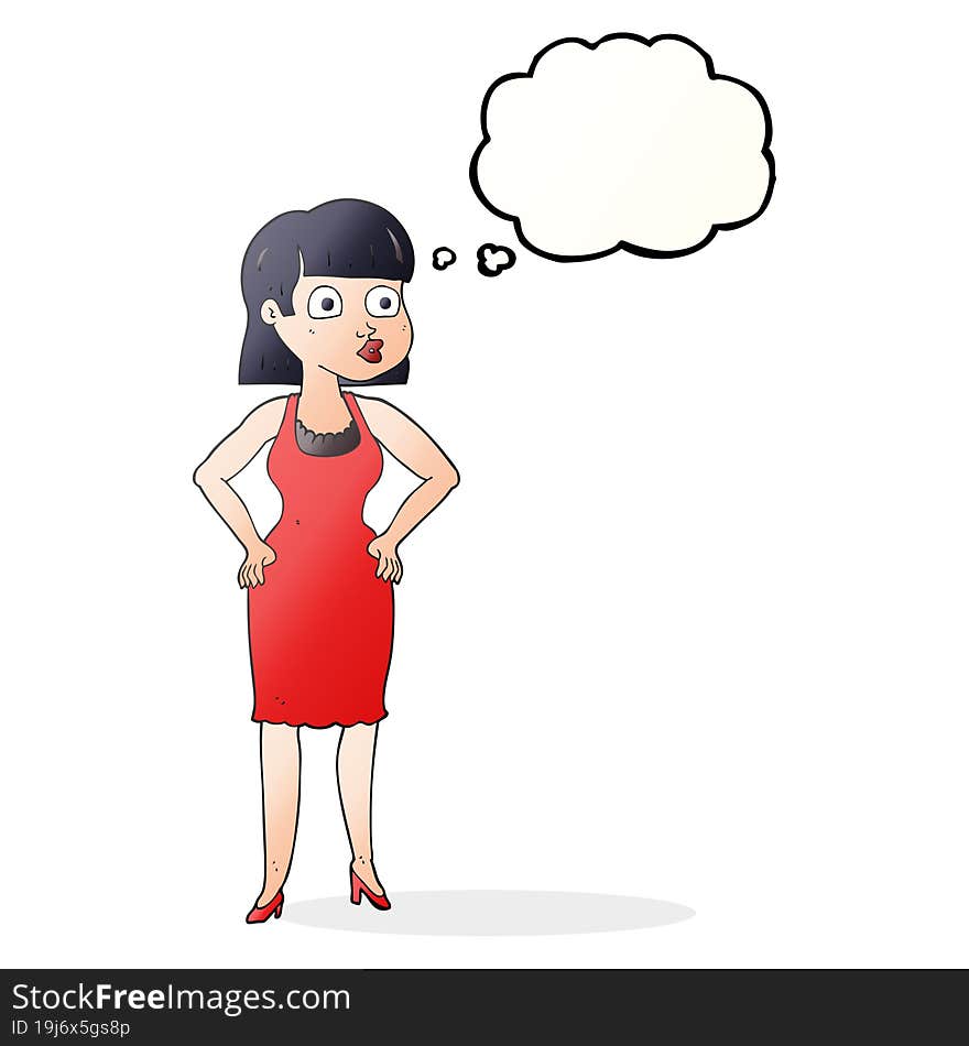 thought bubble cartoon woman in dress with hands on hips