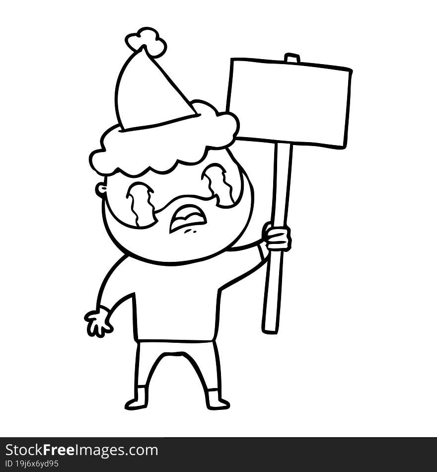 line drawing of a bearded protester crying wearing santa hat