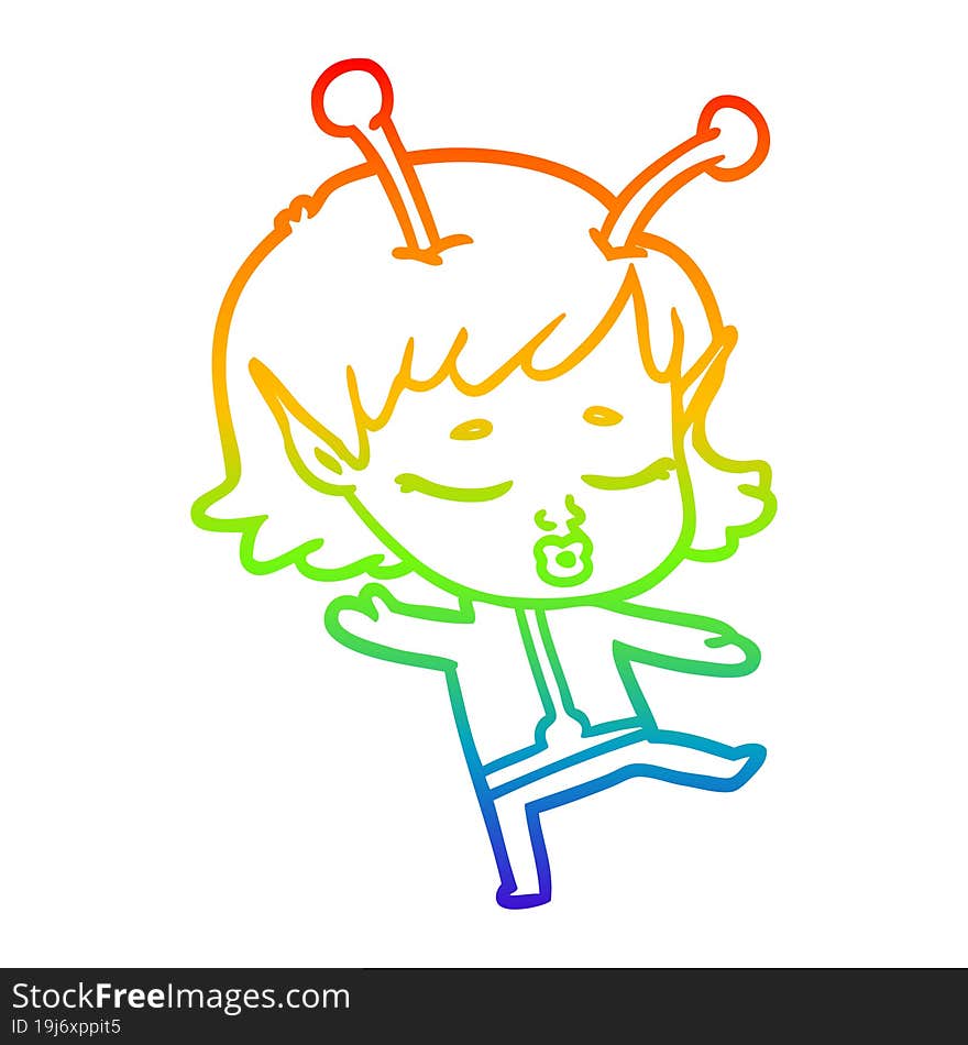 rainbow gradient line drawing of a cartoon alien girl