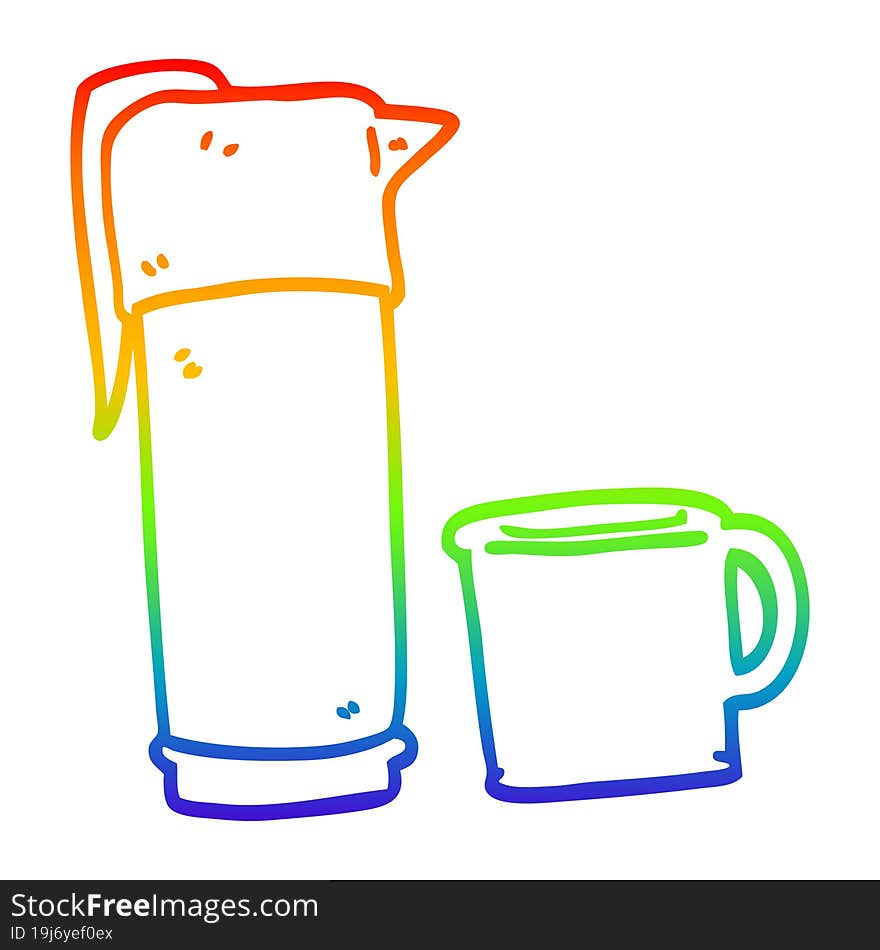 rainbow gradient line drawing of a cartoon coffee thermos