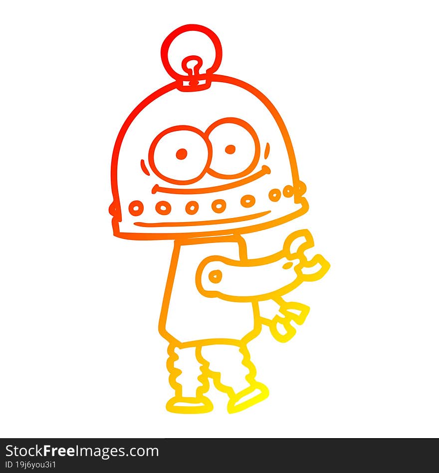 warm gradient line drawing happy carton robot with light bulb