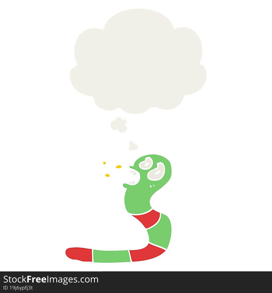 cartoon frightened worm with thought bubble in retro style