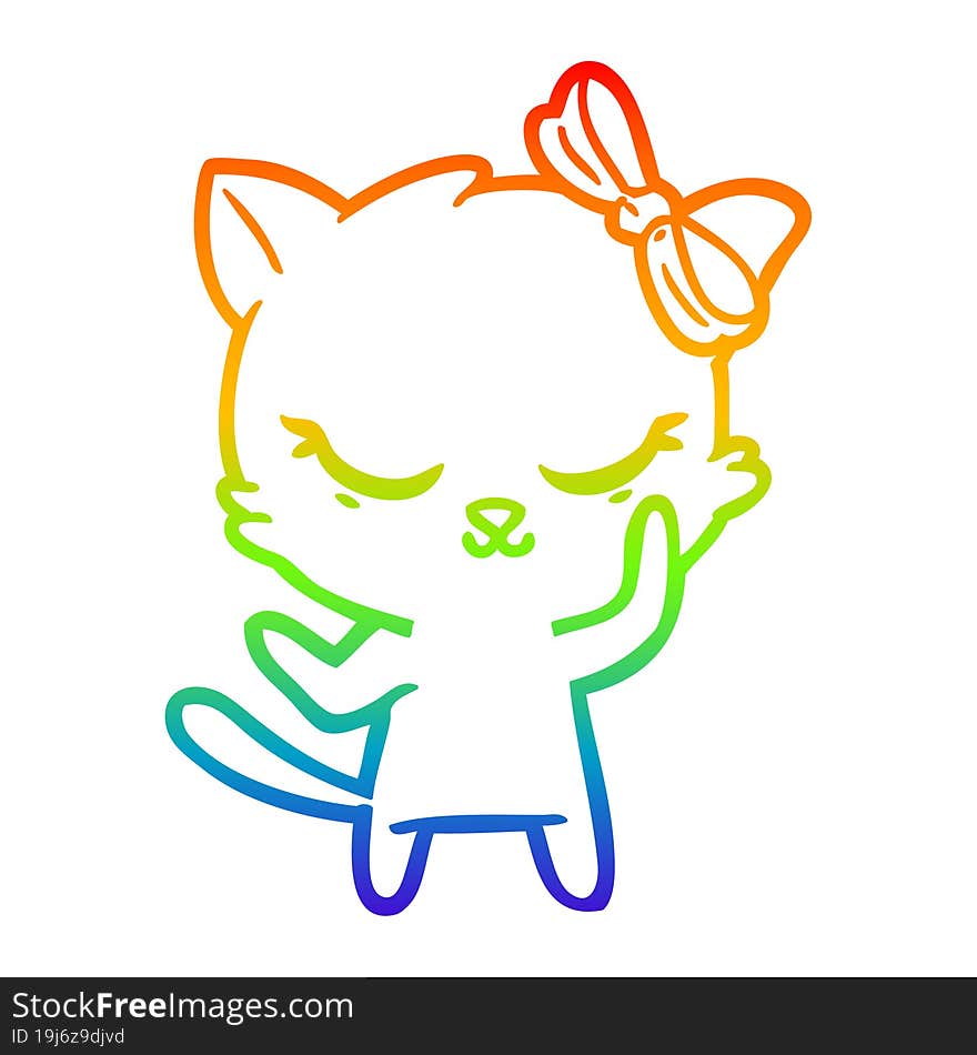 rainbow gradient line drawing of a cute cartoon cat with bow