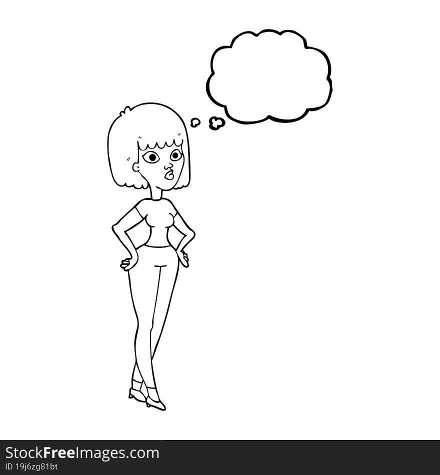 freehand drawn thought bubble cartoon woman with hands on hips