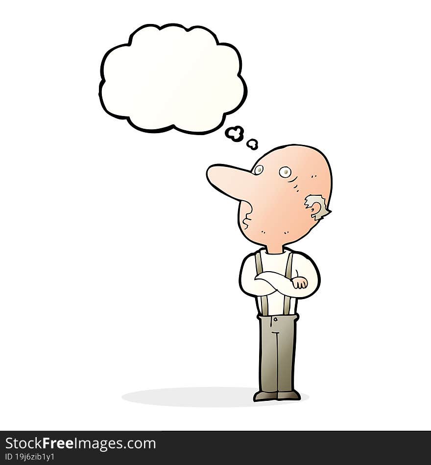 cartoon old man with folded arms with thought bubble