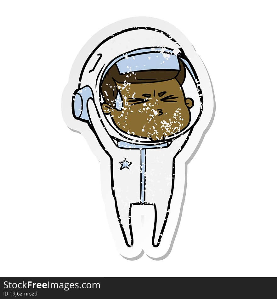 distressed sticker of a cartoon stressed astronaut