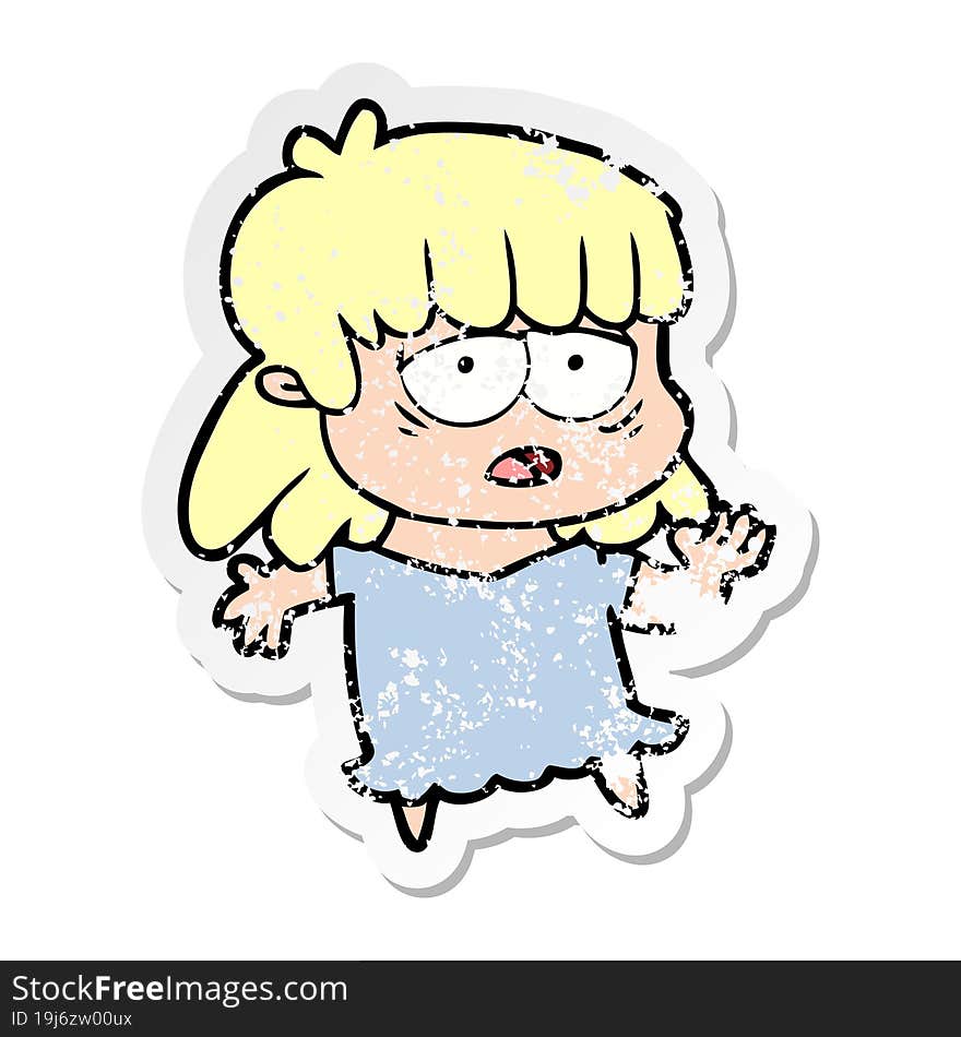 distressed sticker of a cartoon tired woman