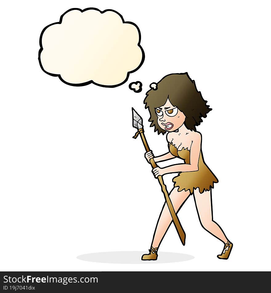 cartoon cave girl with thought bubble