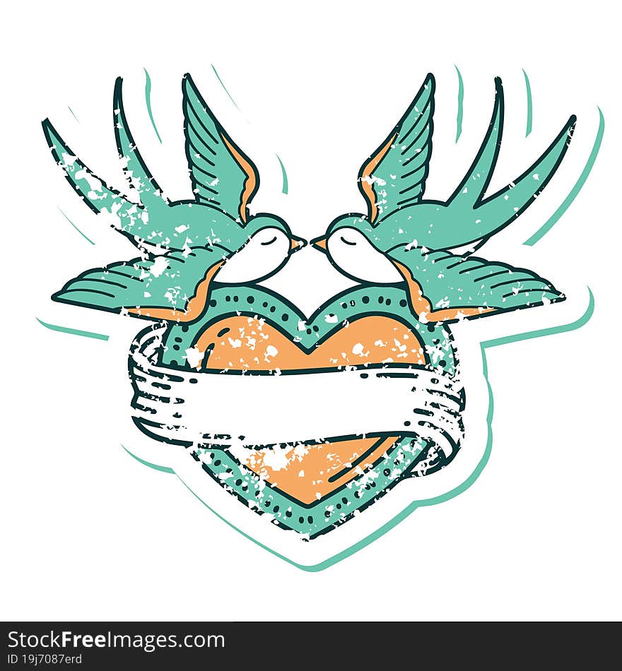 distressed sticker tattoo style icon of a swallows and a heart with banner