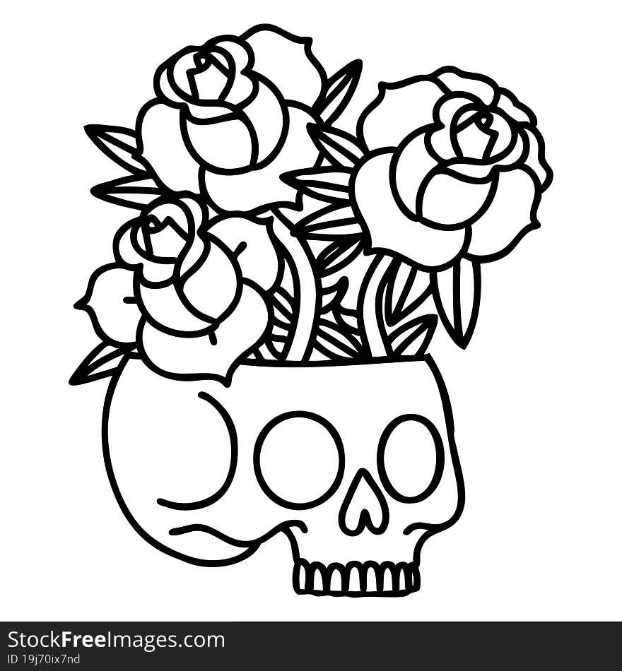 black line tattoo of a skull and roses