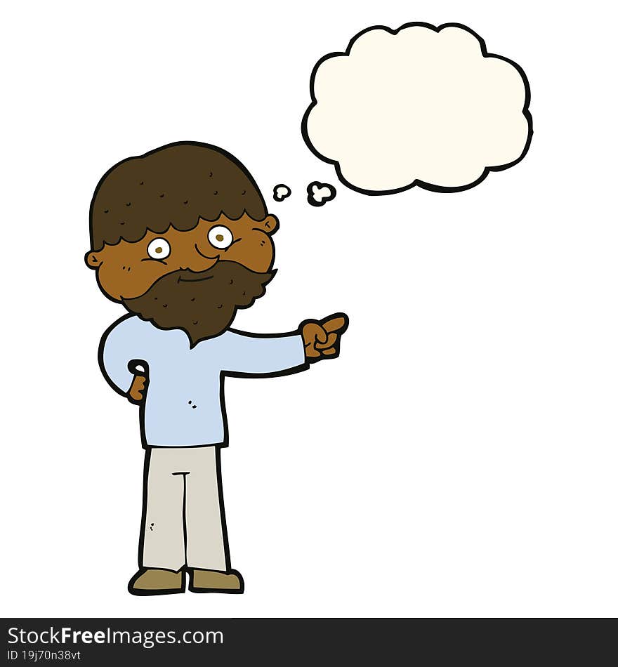 cartoon bearded man pointing with thought bubble