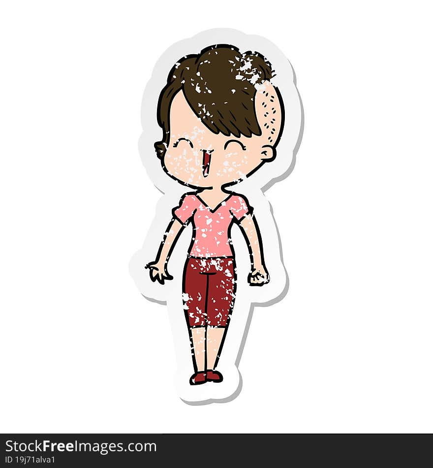 Distressed Sticker Of A Happy Cartoon Hipster Girl