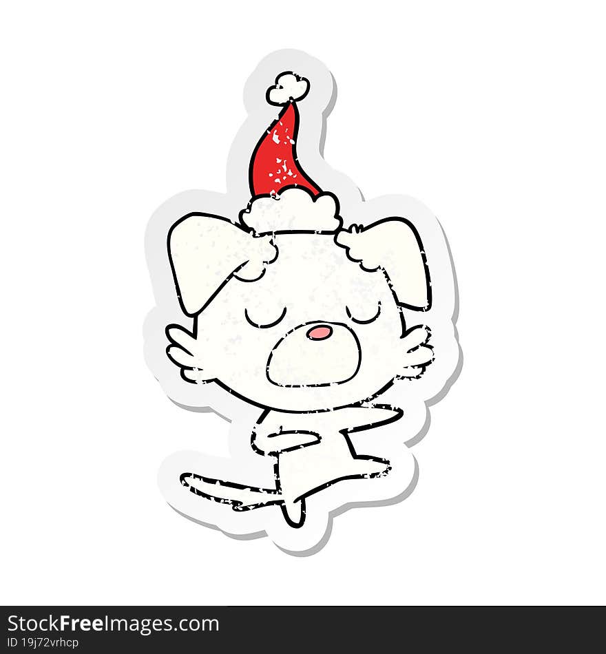 distressed sticker cartoon of a dog wearing santa hat