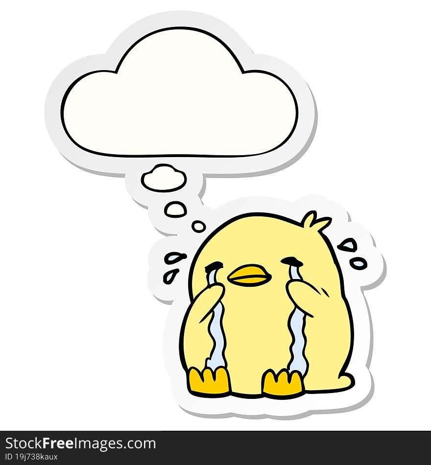 cartoon crying bird and thought bubble as a printed sticker