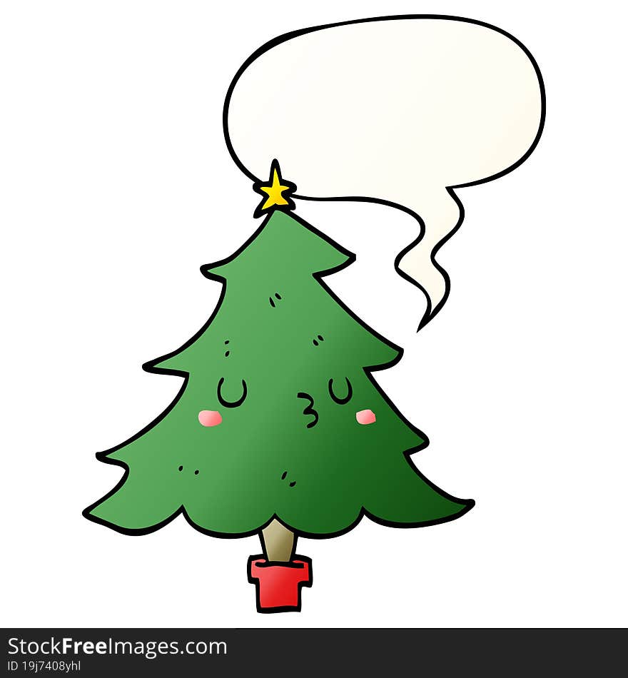 cute cartoon christmas tree and speech bubble in smooth gradient style