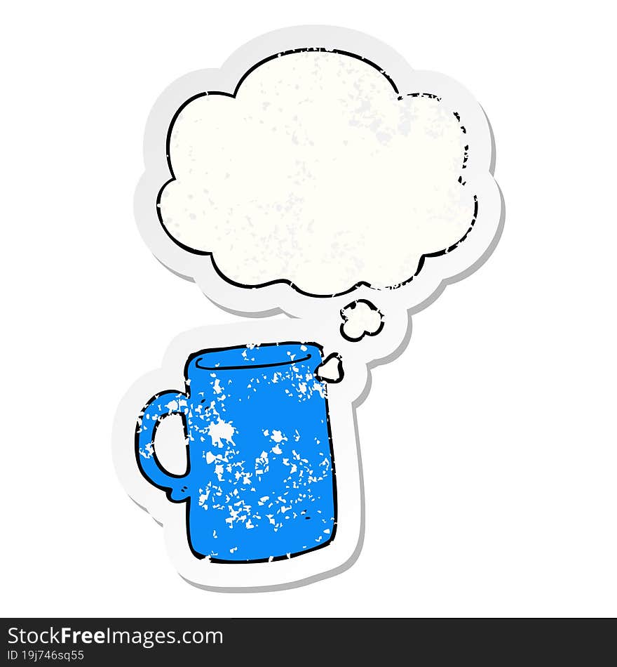 cartoon mug and thought bubble as a distressed worn sticker