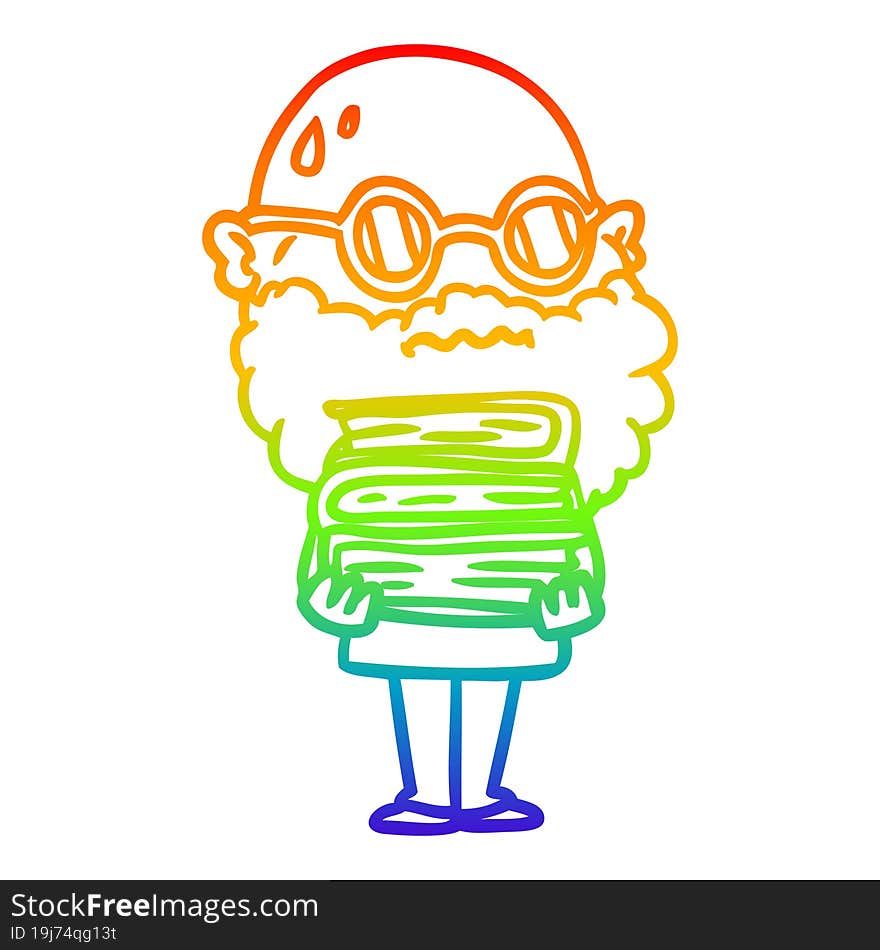 rainbow gradient line drawing of a cartoon worried man with beard and stack of books