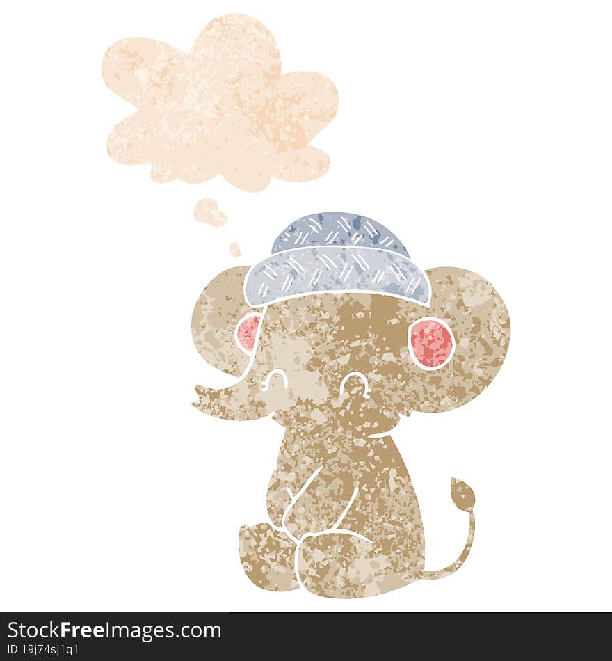 Cartoon Cute Elephant And Thought Bubble In Retro Textured Style