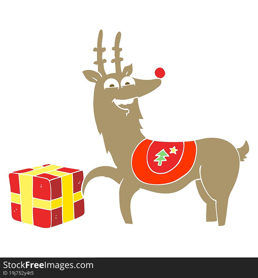 flat color illustration of a cartoon christmas reindeer with present