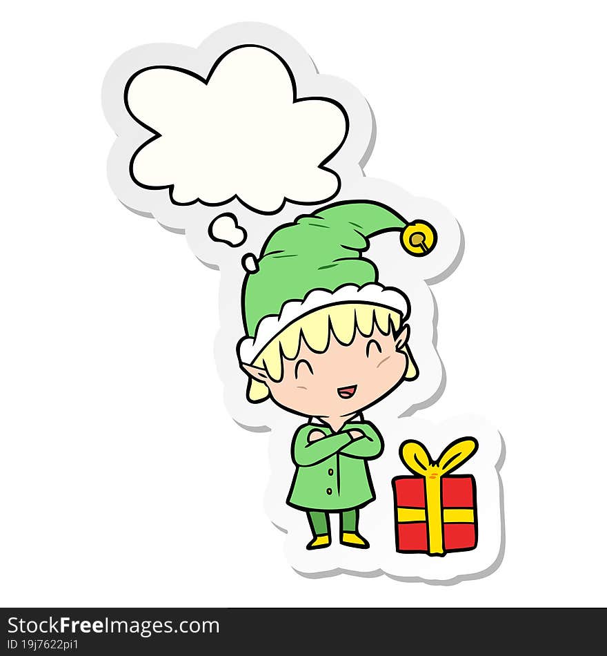 cartoon happy christmas elf and thought bubble as a printed sticker