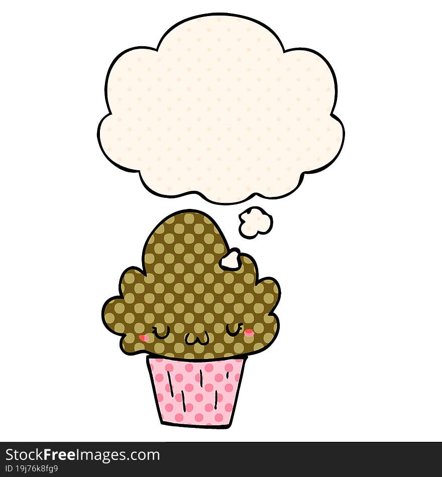 cartoon cupcake with face and thought bubble in comic book style