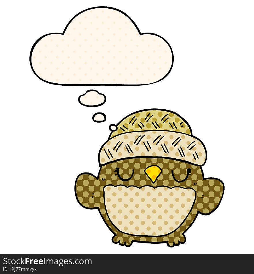 cute cartoon owl in hat and thought bubble in comic book style