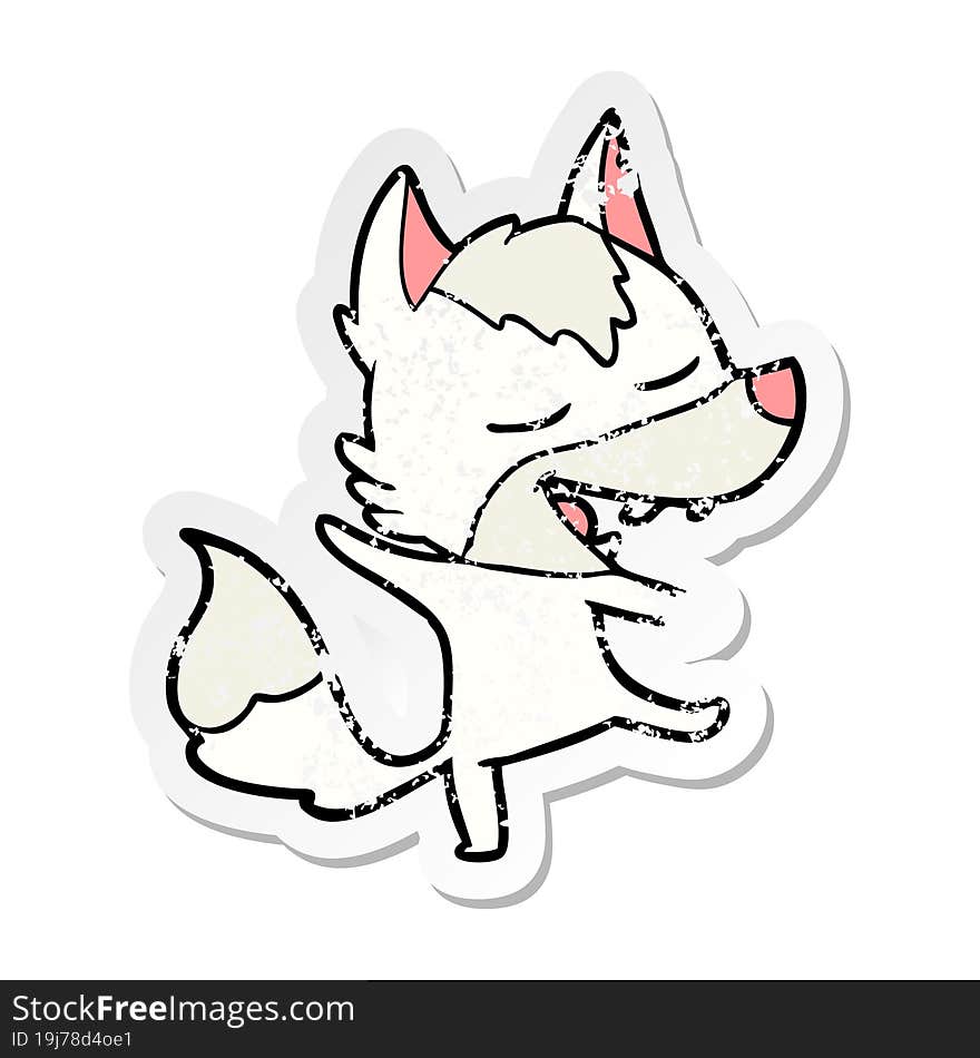 distressed sticker of a cartoon wolf laughing