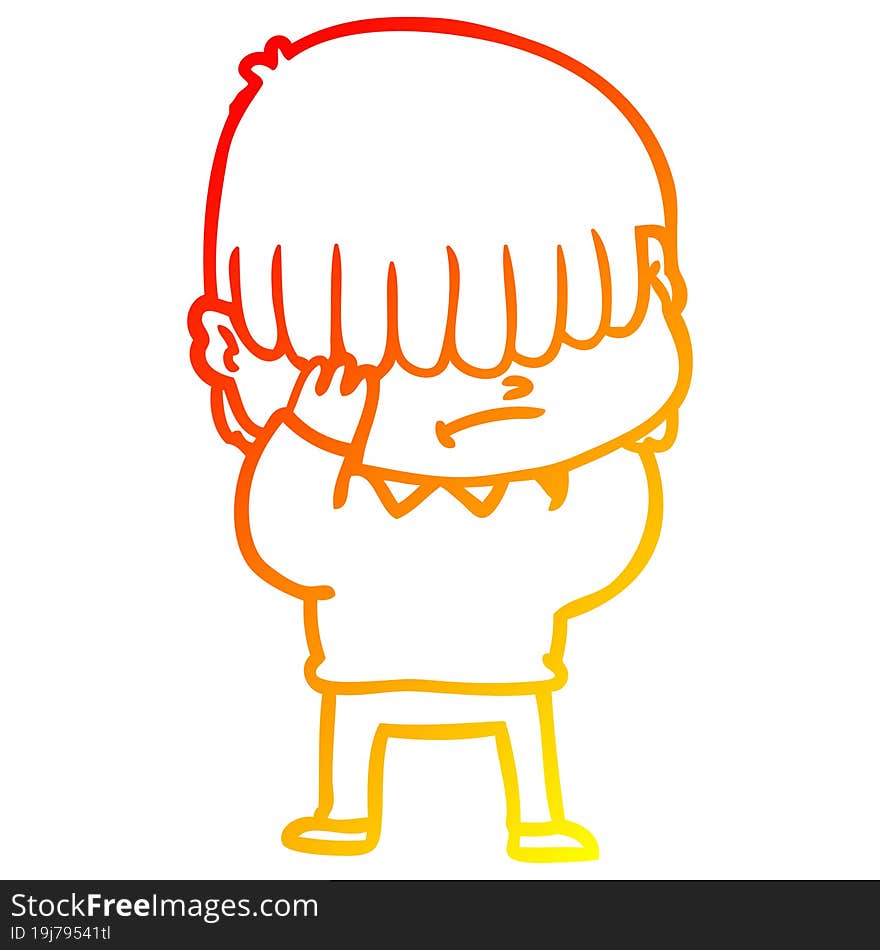 Warm Gradient Line Drawing Cartoon Boy With Untidy Hair