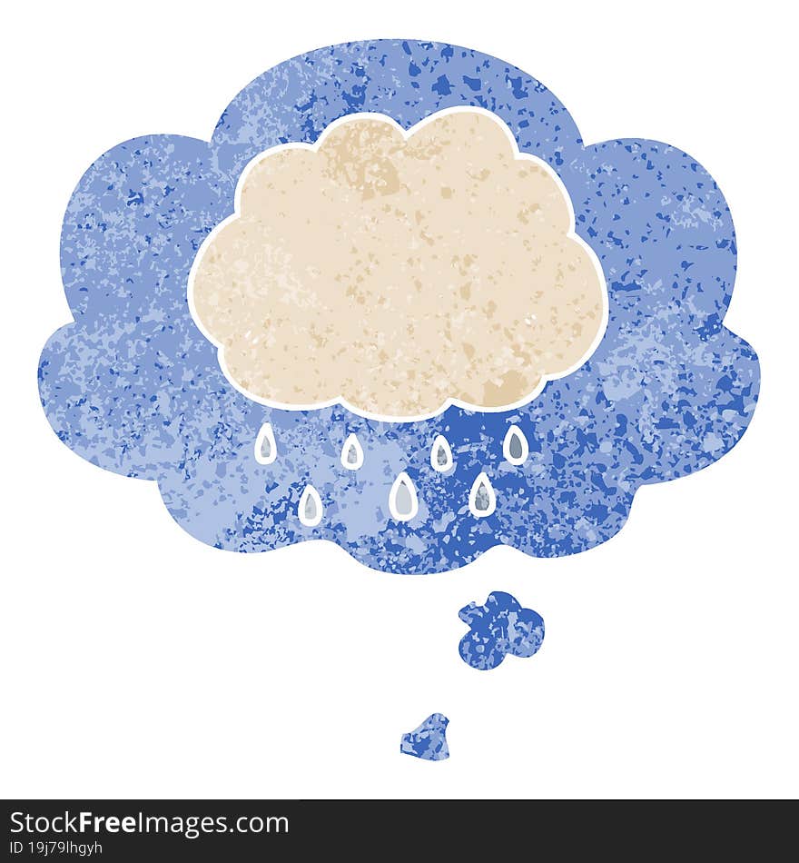 cartoon rain cloud and thought bubble in retro textured style