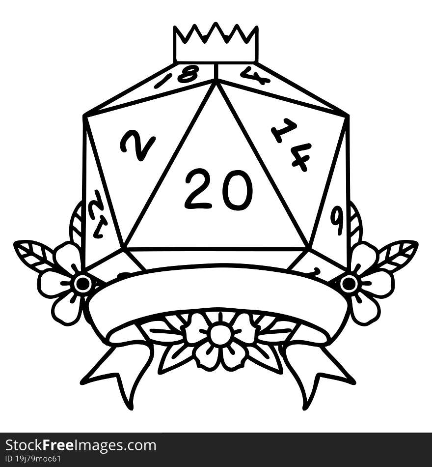 Black and White Tattoo linework Style natural 20 critical hit D20 dice roll. Black and White Tattoo linework Style natural 20 critical hit D20 dice roll