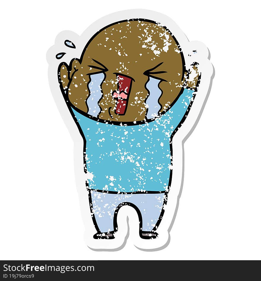 Distressed Sticker Of A Cartoon Crying Bald Man