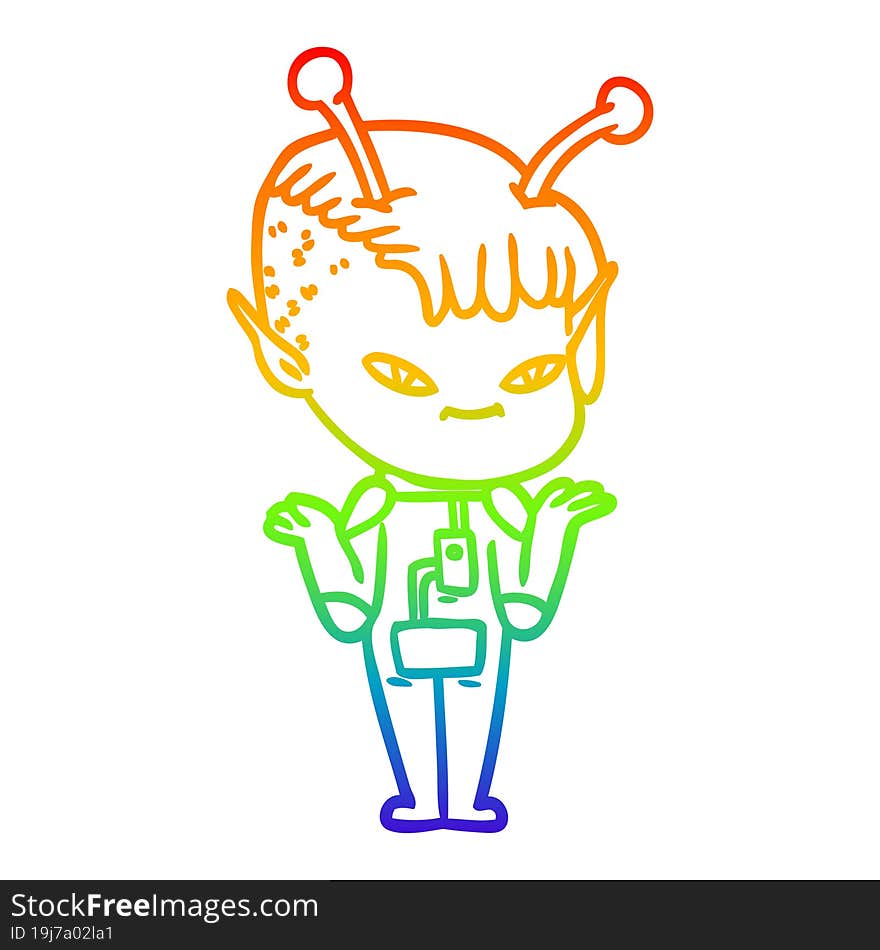 rainbow gradient line drawing of a cute cartoon alien girl