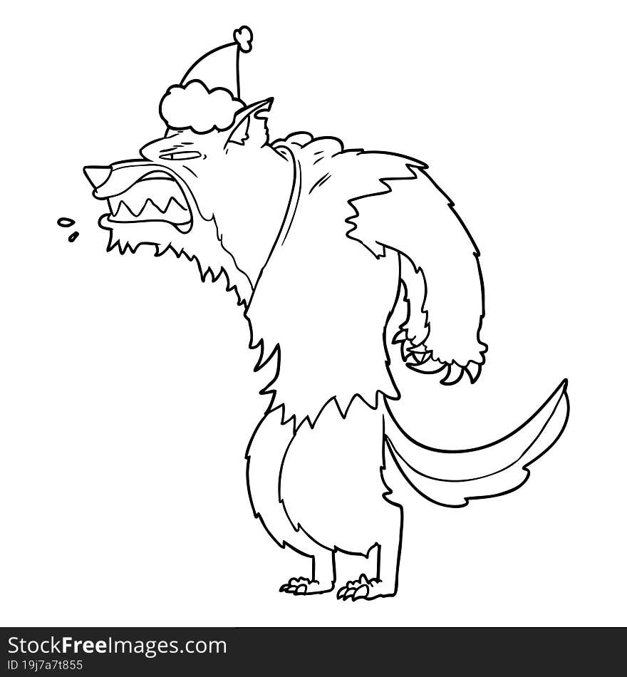 angry werewolf line drawing of a wearing santa hat