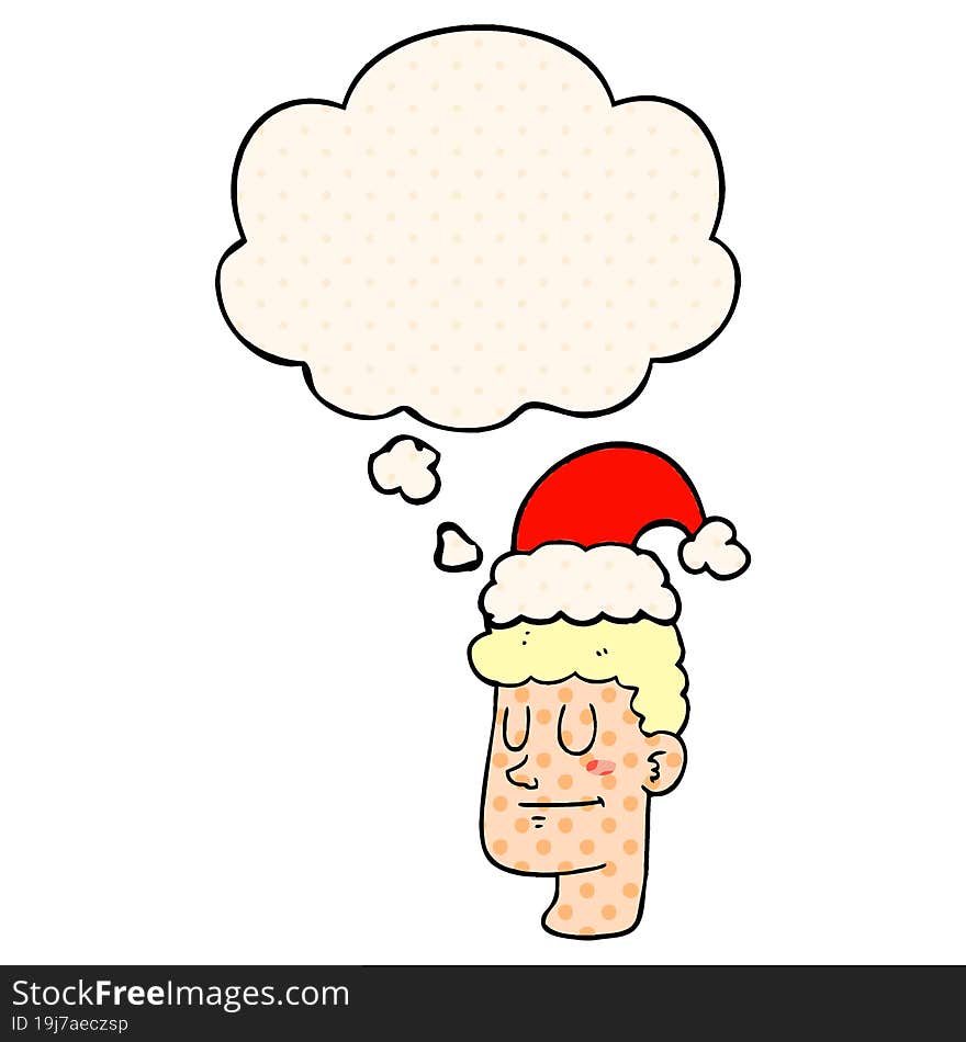 Cartoon Man Wearing Christmas Hat And Thought Bubble In Comic Book Style