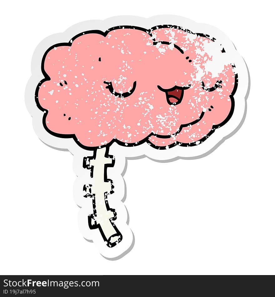 distressed sticker of a happy cartoon brain