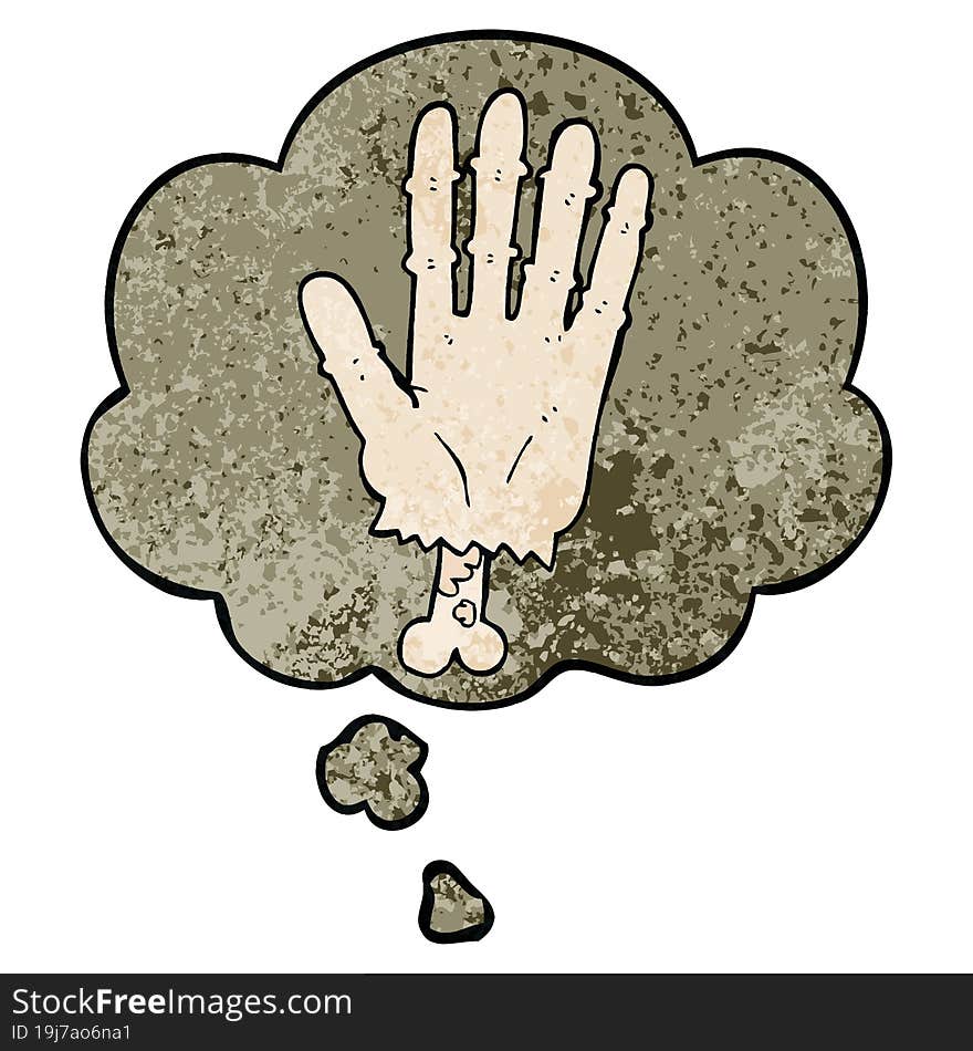 cartoon zombie hand and thought bubble in grunge texture pattern style