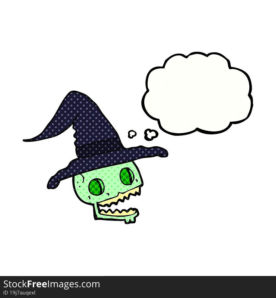 freehand drawn thought bubble cartoon skulll wearing witch hat. freehand drawn thought bubble cartoon skulll wearing witch hat