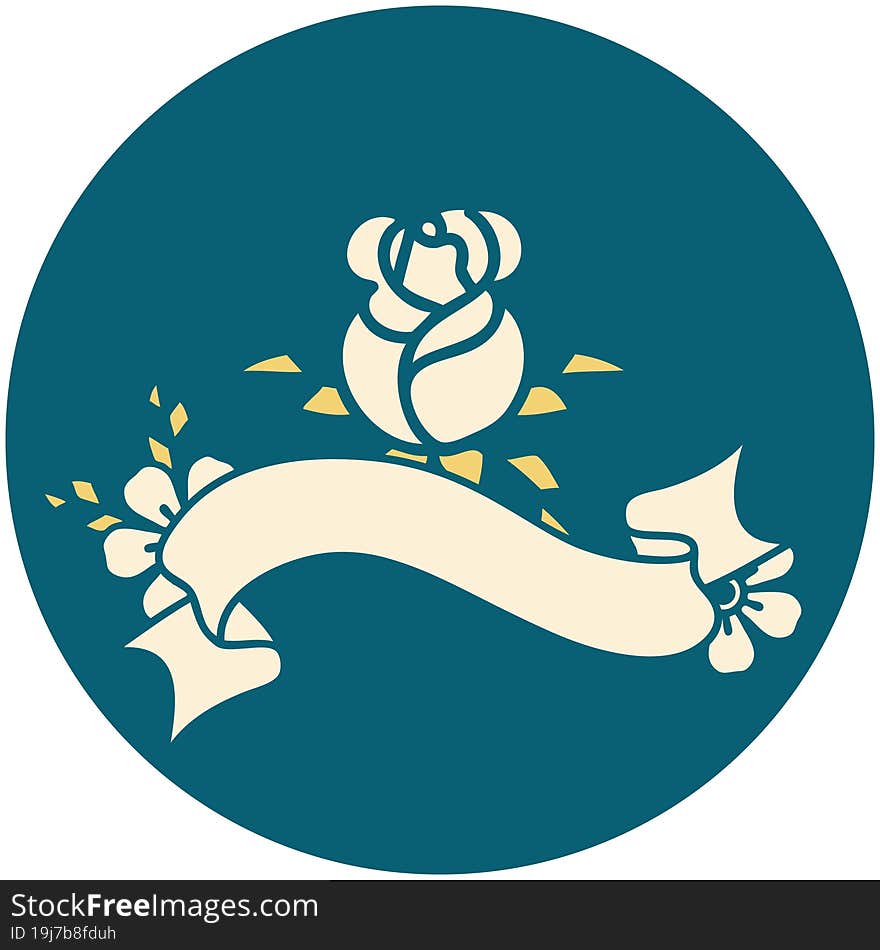 tattoo style icon with banner of a single rose