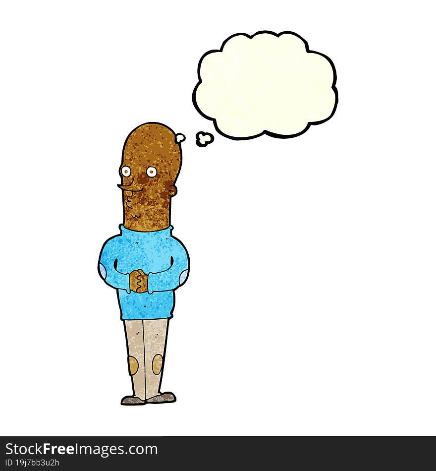 cartoon funny bald man with thought bubble