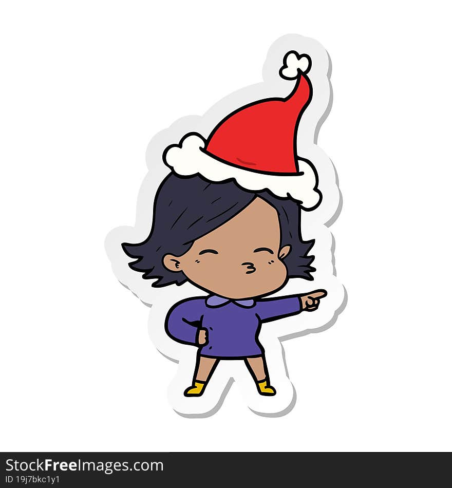 Sticker Cartoon Of A Woman Pointing Wearing Santa Hat