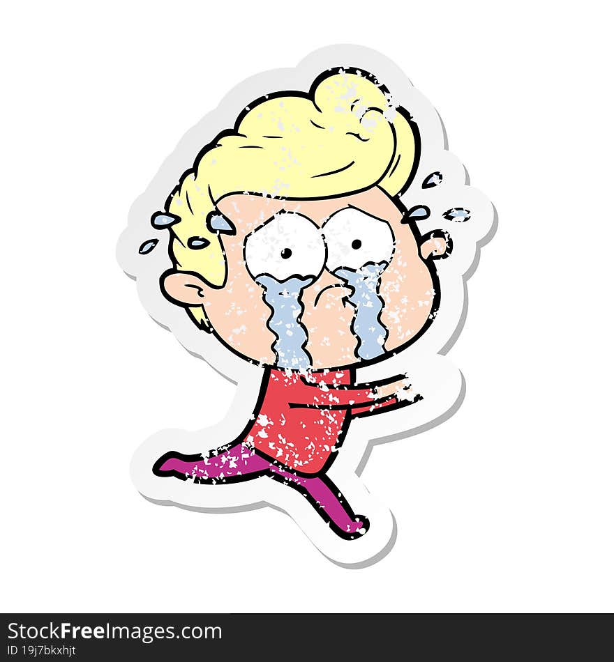 Distressed Sticker Of A Cartoon Crying Man Running